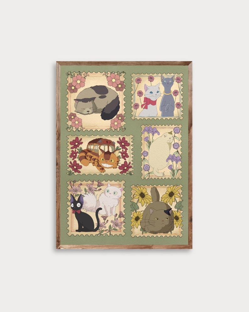 Puede incluir: Una impresi&oacute;n enmarcada con seis ilustraciones de gatos en dise&ntilde;os de sellos postales. Cada sello presenta un gato diferente, rodeado de flores. La paleta de colores incluye verdes, marrones y tonos pastel, creando una est&eacute;tica caprichosa y art&iacute;stica.