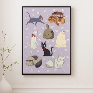 May include: A framed print featuring various cartoon cats on a lavender background with white daisy accents. The cats are in different poses and colors, including gray, white, black, and orange. Some cats have accessories like a red bow tie or a gold collar.