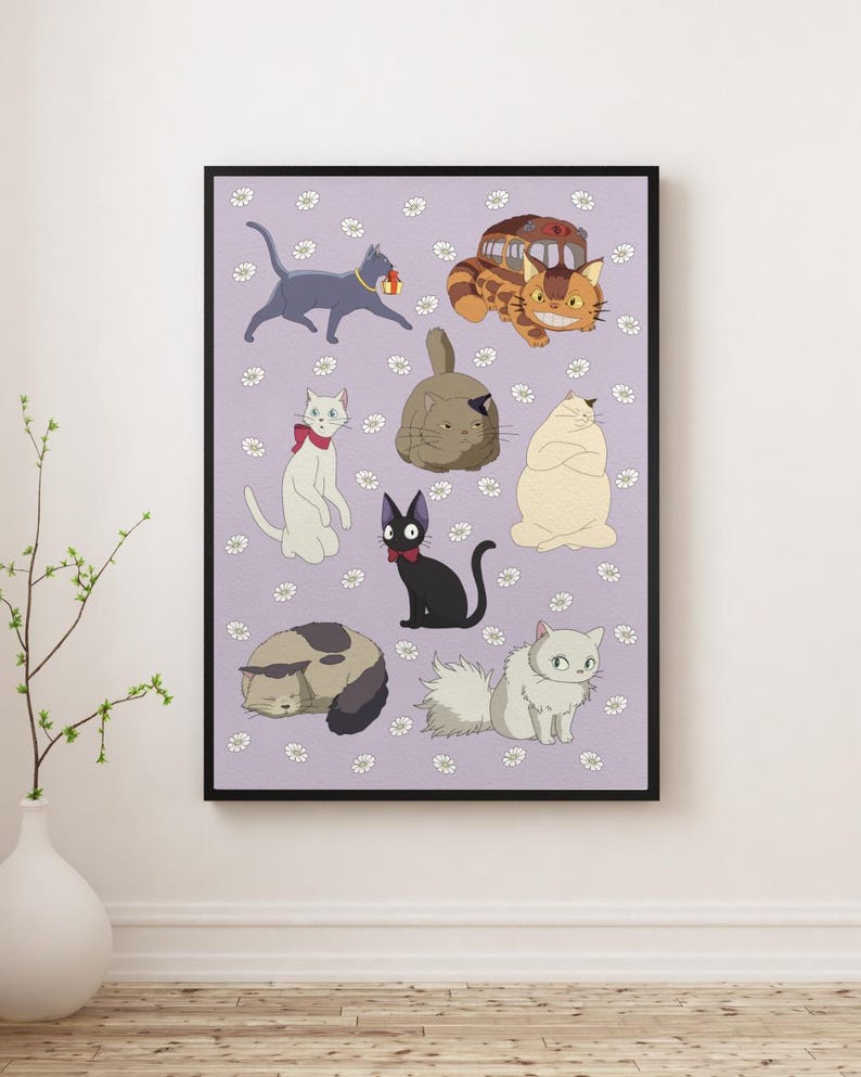 May include: A framed print featuring various cartoon cats on a lavender background with white daisy accents. The cats are in different poses and colors, including gray, white, black, and orange. Some cats have accessories like a red bow tie or a gold collar.