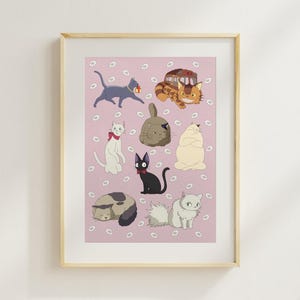 May include: A framed print featuring cartoon cats in various poses on a pink background with white flower accents. The cats are in different colors, including gray, black, white, and orange, and some have accessories like a bow tie.