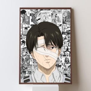 May include: A framed print featuring a manga-style illustration of a character with dark hair and a bandaged eye. The background is a collage of black and white manga panels, with a brown frame.