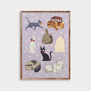 May include: A framed print featuring various cartoon cats on a lavender background with white flower accents. The cats are in different poses and colors, including gray, white, black, and brown. The print has a wooden frame.