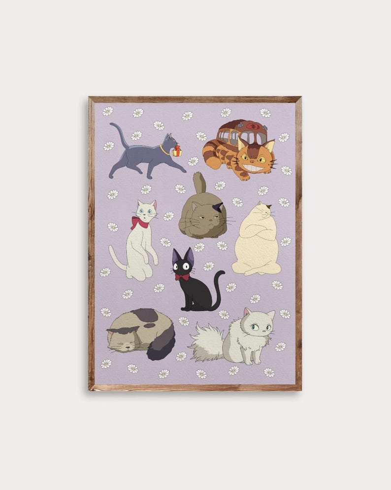 May include: A framed print featuring various cartoon cats on a lavender background with white flower accents. The cats are in different poses and colors, including gray, white, black, and brown. The print has a wooden frame.