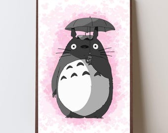 Totoro Cherry Blossom Print | Studio Ghibli Inspired Wall Art | Sakura Anime Decor |