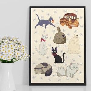 May include: A framed print featuring cartoon cats in various poses. The cats are in shades of gray, black, white, and orange, set against a cream background with small white flower patterns. The print is in a black frame.