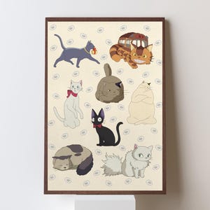 May include: A framed print featuring cartoon cats in various poses. The cats are in different colors, including gray, black, white, and brown. The background is a light beige with small white flower patterns. The print has a brown frame.