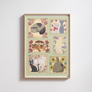 Puede incluir: Una impresi&oacute;n enmarcada con seis ilustraciones al estilo de sellos postales, que representan gatos y un conejo. Cada imagen est&aacute; rodeada de dise&ntilde;os florales. La combinaci&oacute;n de colores incluye tonos de verde, marr&oacute;n, gris y blanco. La obra de arte tiene un estilo caprichoso y de dibujos animados.