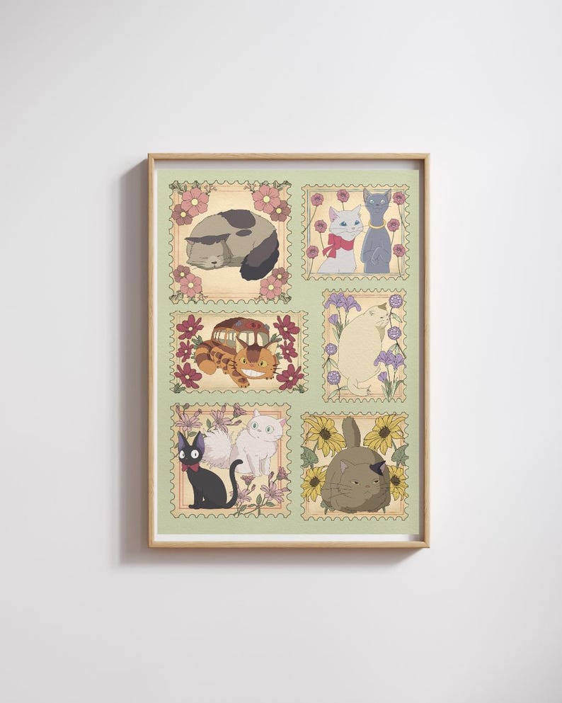 Puede incluir: Una impresi&oacute;n enmarcada con seis ilustraciones al estilo de sellos postales, que representan gatos y un conejo. Cada imagen est&aacute; rodeada de dise&ntilde;os florales. La combinaci&oacute;n de colores incluye tonos de verde, marr&oacute;n, gris y blanco. La obra de arte tiene un estilo caprichoso y de dibujos animados.