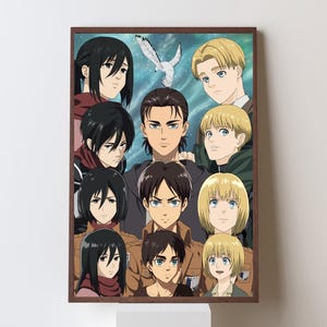 May include: A framed print featuring multiple anime characters with various expressions. The characters are arranged in a grid-like pattern, with a background of a starry sky and a white bird. The artwork has a brown frame.