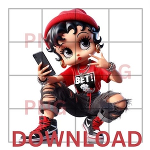 May include: A cartoon character with red hair and a red hat is wearing a red shirt with the word "BET!" on it. She is holding a black phone in her right hand and has a peace sign with her left hand. She is wearing black ripped jeans and red and black trainers.