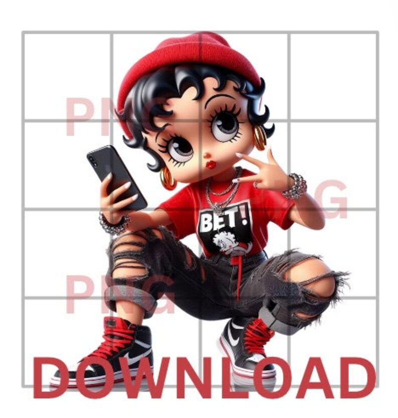 May include: A cartoon character with red hair and a red hat is wearing a red shirt with the word "BET!" on it. She is holding a black phone in her right hand and has a peace sign with her left hand. She is wearing black ripped jeans and red and black trainers.