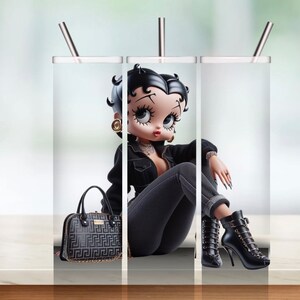 May include: A black and white cartoon character wearing a black leather jacket, black pants, and black boots. The character is sitting with one leg crossed over the other. The character is holding a black purse with a gold chain. The character is sitting in front of a clear glass tumbler with a straw.