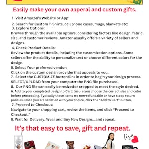 May include: A guide with tips on how to create custom apparel and gifts using Amazon's website or app. The guide includes steps on how to select a vendor, customize a design, and upload a PNG file. The image also shows examples of custom products, including a t-shirt, phone case, mug, and tote bag.