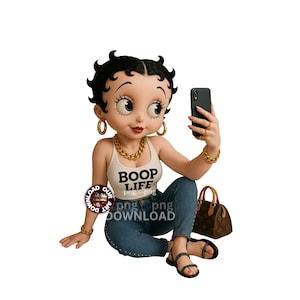May include: A figurine of a cartoon character, wearing a white tank top with "BOOP LIFE" text, blue jeans, and black sandals, holding a black smartphone. Gold jewelry and a brown handbag are also visible.