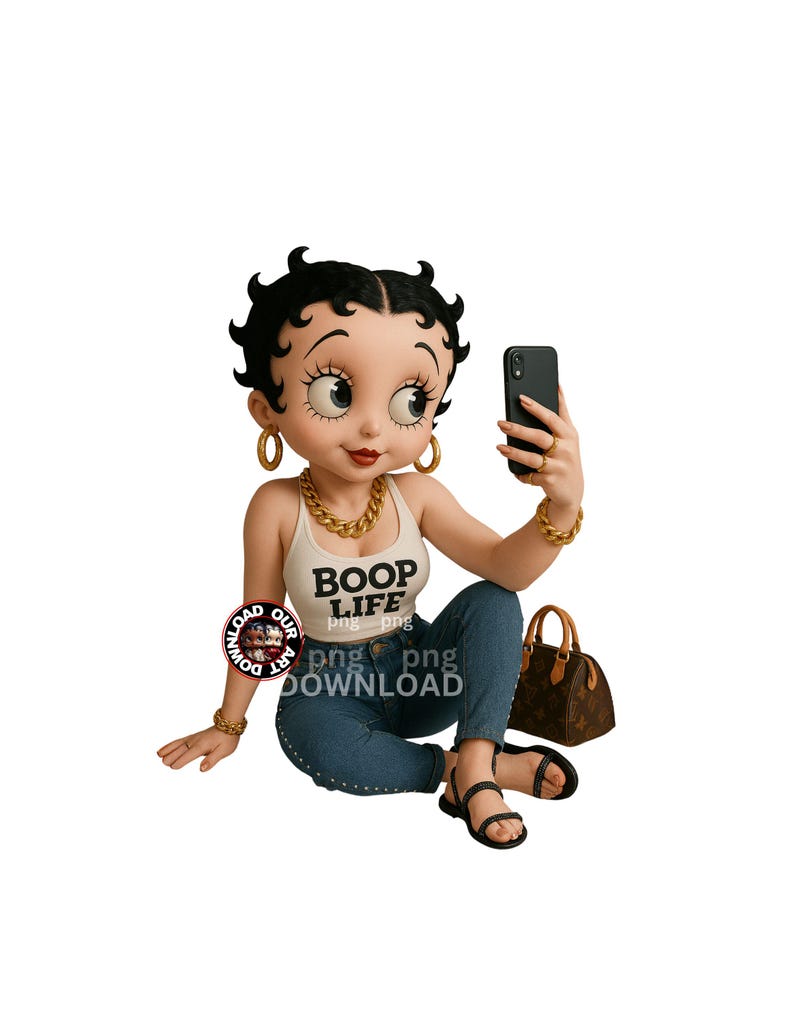 May include: A figurine of a cartoon character, wearing a white tank top with "BOOP LIFE" text, blue jeans, and black sandals, holding a black smartphone. Gold jewelry and a brown handbag are also visible.