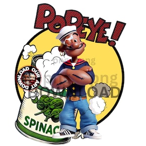 Può includere: Un'illustrazione di cartone animato di Popeye il marinaio in piedi con le braccia incrociate. Indossa una camicia da marinaio blu, jeans blu e un cappello da marinaio bianco. Sta tenendo una lattina di spinaci con un trifoglio verde sopra. Lo sfondo è giallo con un fumetto di stile fumetto rosso e bianco che dice "Popeye!"