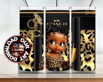 May include: Three black and gold tumblers with a leopard print design. The center tumbler features a cartoon image of a Black woman with a Coach New York logo. The tumblers are decorated with gold glitter and a zipper detail.