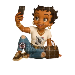 May include: Cartoon illustration of a woman taking a selfie. She wears a white t-shirt with the text "YOU ARE enough", ripped blue jeans, and gold jewelry. A brown handbag sits beside her.