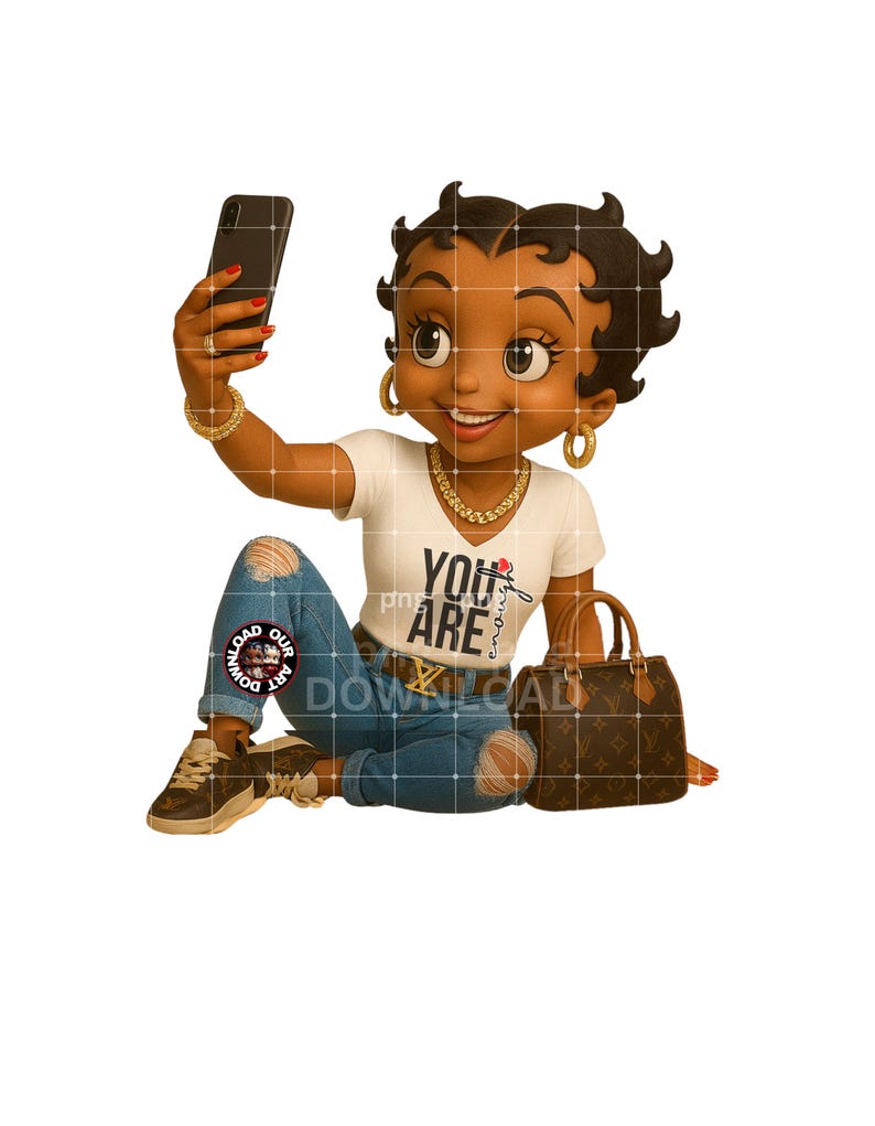 May include: Cartoon illustration of a woman taking a selfie. She wears a white t-shirt with the text "YOU ARE enough", ripped blue jeans, and gold jewelry. A brown handbag sits beside her.