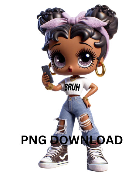 Op de afbeelding: Een cartoonpop met een donkere huid, gekleed in een witte crop top met "BRUH" erop gedrukt, een gescheurde blauwe jeans en hoge sneakers. De pop heeft een roze strik, gouden sieraden en houdt een smartphone vast. De afbeelding heeft de tekst "PNG DOWNLOAD" onderaan.