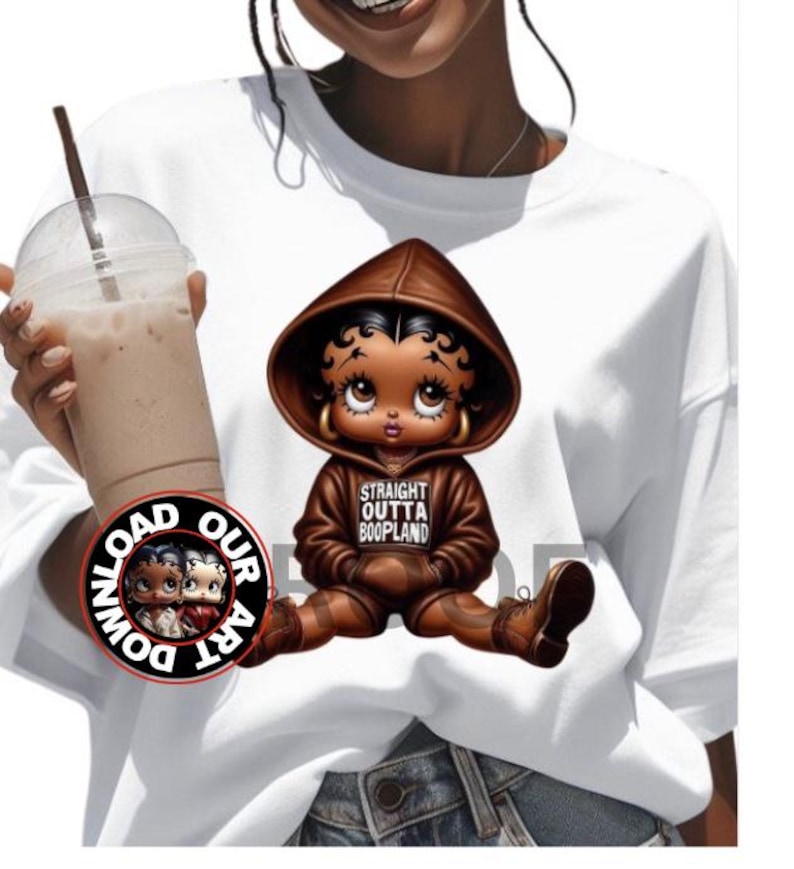 May include: White sweatshirt featuring a cartoon image of a Betty Boop-like character in a brown hoodie and boots. The hoodie has the text "STRAIGHT OUTTA BOOPLAND". A circular logo with the words "DOWNLOAD OUR ART" is also visible.