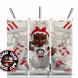 May include: A white tumbler with a straw, featuring a design of a cartoon character wearing a red bow and a white t-shirt. The tumbler also has a pattern of white and red sneakers. A circular logo with the text "DOWNLOAD OUR ART" is on the bottom left.