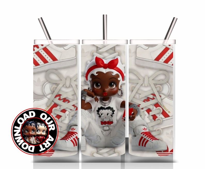 May include: A white tumbler with a straw, featuring a design of a cartoon character wearing a red bow and a white t-shirt. The tumbler also has a pattern of white and red sneakers. A circular logo with the text "DOWNLOAD OUR ART" is on the bottom left.