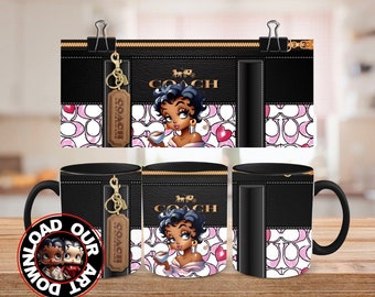 Owijka na kubek Melanin Betty Boop Mug Wrap, owijka na kubek Boss Lady Coffee Lover Png, owijka na torebkę 3D, inspiracja afro w stylu Coach Design