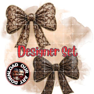 May include: Two brown bows with a repeating pattern and gold trim are displayed against a watercolor background. The text "Designer Set" is in red and blue. A circular graphic says "Download Our Art".