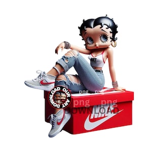 May include: A figurine of Betty Boop in a white crop top and ripped jeans, sitting on a red Nike shoebox. She wears gray sneakers with red accents. The shoebox has a white Nike logo.