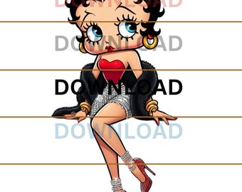 Op de afbeelding: Een cartoonillustratie van een vrouw met zwart haar, die een rood topje, een zwarte bontjas, een glinsterende rok en rode hakken met strass draagt.