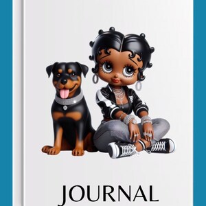 May include: A white journal with a black and white illustration of a cartoon character with a Rottweiler dog. The journal has the word "JOURNAL" printed in black letters on the front cover.