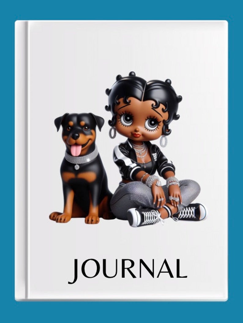 May include: A white journal with a black and white illustration of a cartoon character with a Rottweiler dog. The journal has the word "JOURNAL" printed in black letters on the front cover.