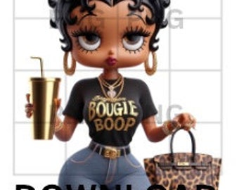 Op de afbeelding: Een cartoonillustratie van een zwarte vrouw met grote ogen, die een zwart T-shirt draagt met de woorden "Bougie Boop" in gouden letters, een blauwe jeans en een gouden kettingketting. Ze houdt in de ene hand een gouden beker met een rietje en in de andere hand een luipaardprint handtas.