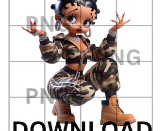 Op de afbeelding: Een cartoonfiguur met zwart haar en bruine ogen, gekleed in een camouflage-outfit en bruine laarzen. Het figuur poseert met één hand op de heup en de andere hand in de lucht. De achtergrond is wit.