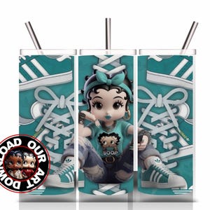 May include: A teal tumbler featuring a cartoon Betty Boop character wearing a teal shirt and jeans, with a matching teal bow. The tumbler design includes a teal sneaker pattern and the text "BOOP". Includes a silver straw.