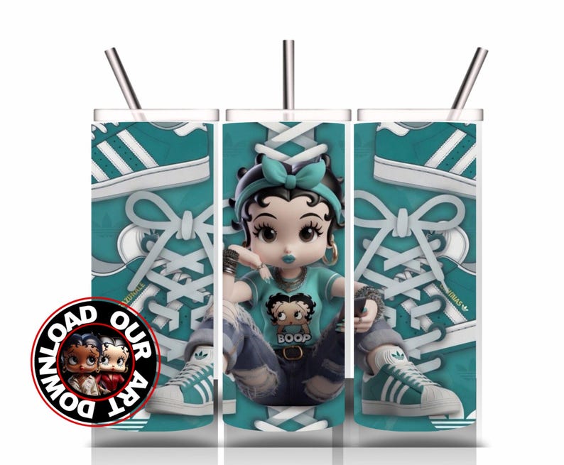 May include: A teal tumbler featuring a cartoon Betty Boop character wearing a teal shirt and jeans, with a matching teal bow. The tumbler design includes a teal sneaker pattern and the text "BOOP". Includes a silver straw.