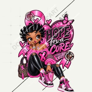 Op de afbeelding: Een stripfiguur met zwart haar draagt een roze trui met een lint, een zwarte broek en roze met zwarte sneakers. Het ontwerp bevat een groot roze hart, een vlinder en de tekst HOPE for a CURE BREAST CANCER AWARENESS.