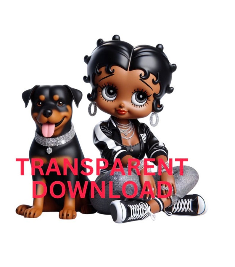May include: A black and brown cartoon character with large eyes and a black leather jacket sits with a black and brown Rottweiler dog. The character is wearing a silver necklace and earrings. The dog has a diamond studded collar.