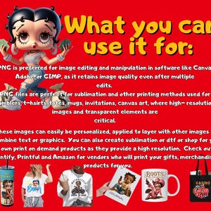 May include: A digital illustration of a cartoon character with a red dress and blue jeans holding money bags. The text "What you can use it for" is written in yellow letters on a red background. The image shows examples of how to use the digital illustration for sublimation printing on items like mugs, t-shirts, totes, and more.
