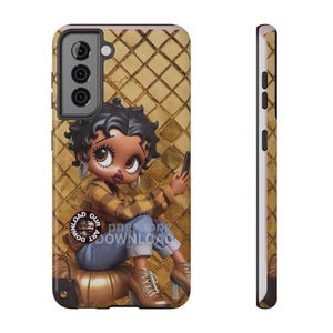 May include: A phone case featuring a cartoon character with large eyes, wearing a plaid shirt and jeans, holding a phone. The background has a gold diamond pattern. The case is shown from the front and side.