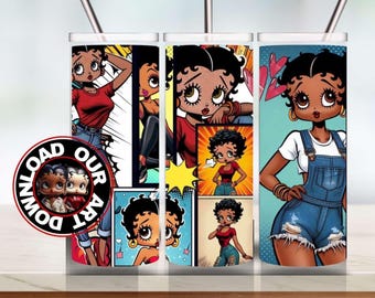 May include: A set of three stainless steel tumblers featuring a comic book style design of a cartoon woman in various poses. The design includes a red and white color scheme, with the words "DOWNLOAD OUR ART" on a circular sticker.