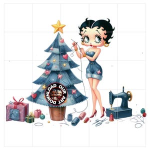 Può includere: Illustrazione di un cartone animato di una donna in pantaloncini di jeans e top senza spalline, che decora un albero di Natale in denim con una stella d'oro. Sono presenti anche una macchina da cucire, rocchetti di filo e regali confezionati. L'immagine contiene il testo "DOWNLOAD OUR ART".