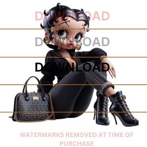 May include: A cartoon character with black hair and a black leather jacket is sitting with a black purse and black boots. The character has a black and white patterned purse with a gold chain.