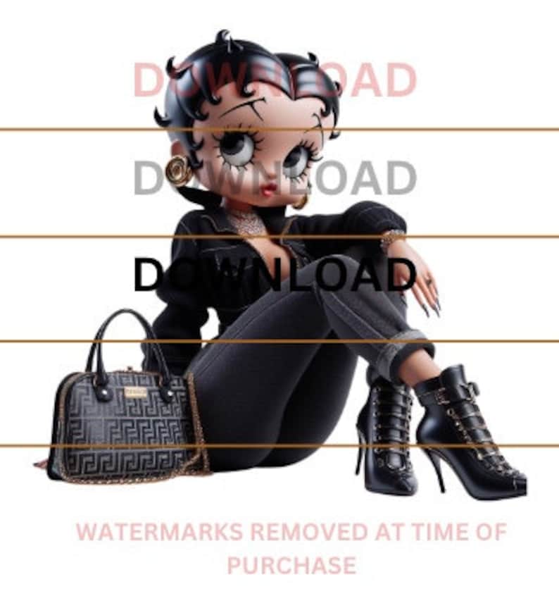 May include: A cartoon character with black hair and a black leather jacket is sitting with a black purse and black boots. The character has a black and white patterned purse with a gold chain.