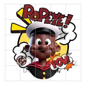 May include: A cartoon illustration of Popeye the Sailor Man. He is wearing a white sailor hat, a black jacket with gold buttons, and a red collar. The word "POPEYE!" is in a comic book style, along with a "POW!" graphic.