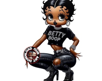 Può includere: Illustrazione di Betty Boop in un top corto nero con "BETTY BOOP" in strass, pantaloni neri strappati e stivali neri. Indossa orecchini a cerchio e un braccialetto. Nel'immagine è presente una grafica circolare con le parole "DOWNLOAD OUR ART".