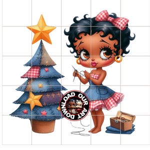 May include: A digital illustration of a cartoon character with dark skin, curly black hair, and a red and white checkered bow. She is sewing near a denim Christmas tree with a gold star topper. A wooden sewing box and the text "DOWNLOAD OUR ART" are also visible.