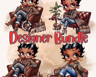 May include: A digital art bundle featuring four illustrations of a cartoon woman in a plaid jacket and ripped jeans. Each image includes a brown leather chair, a handbag, and the text "Designer Bundle".