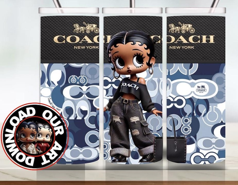 May include: A stainless steel tumbler with a Coach New York design and a cartoon character. The tumbler has a black top with the Coach logo and a blue and white pattern. A black and white circular logo is on the left side.